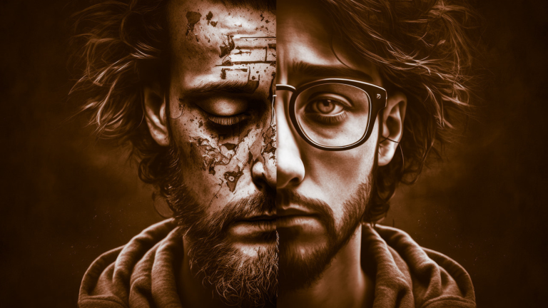 Image by Jensen Art Co from Pixabay. Image shows a young mans face split between a cracked dishevelled appearance and a more healthy clear complexion wearing glasses.