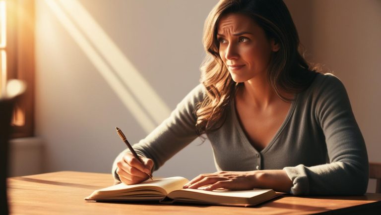 Image shows a woman thinking with a journal in front of her.