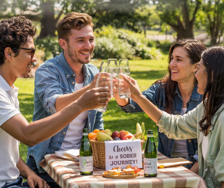 A heartwarming, candid photograph of four friends gathered around a picnic table in a sun-drenched park, celebrating a friend’s commitment to sobriety. The central figure, smiling genuinely, raises a sparkling water in a toast while the others offer supportive grins and gestures. Lush green grass and dappled sunlight filter through the leaves of nearby trees, creating a warm and inviting atmosphere. A checkered blanket is spread across the table, holding a basket filled with fruit, snacks, and bottles labeled "Cheers to a Sober Journey!"