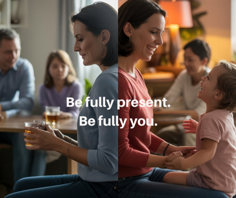 A split-screen image showing two contrasting scenes with the same woman. On the left, she appears disengaged, holding a drink with a neutral expression while sitting with a group of people who also seem emotionally distant. On the right, she is smiling brightly and fully engaged, holding hands with a joyful child in a warm, lively setting. Overlaid text reads: “Be fully present. Be fully you.”