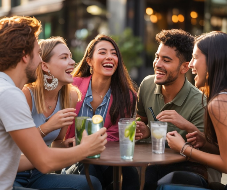 A group of five young adults sit around a café table outdoors, laughing and enjoying drinks together. They appear joyful and stylish, surrounded by a lively urban atmosphere. The image features the caption "glowing up, not growing up" in bold white text, emphasizing a carefree and vibrant lifestyle.