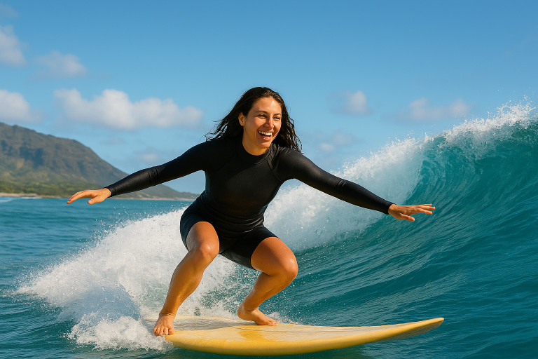 A woman on a surfboard smiling with a blue sea and sky.