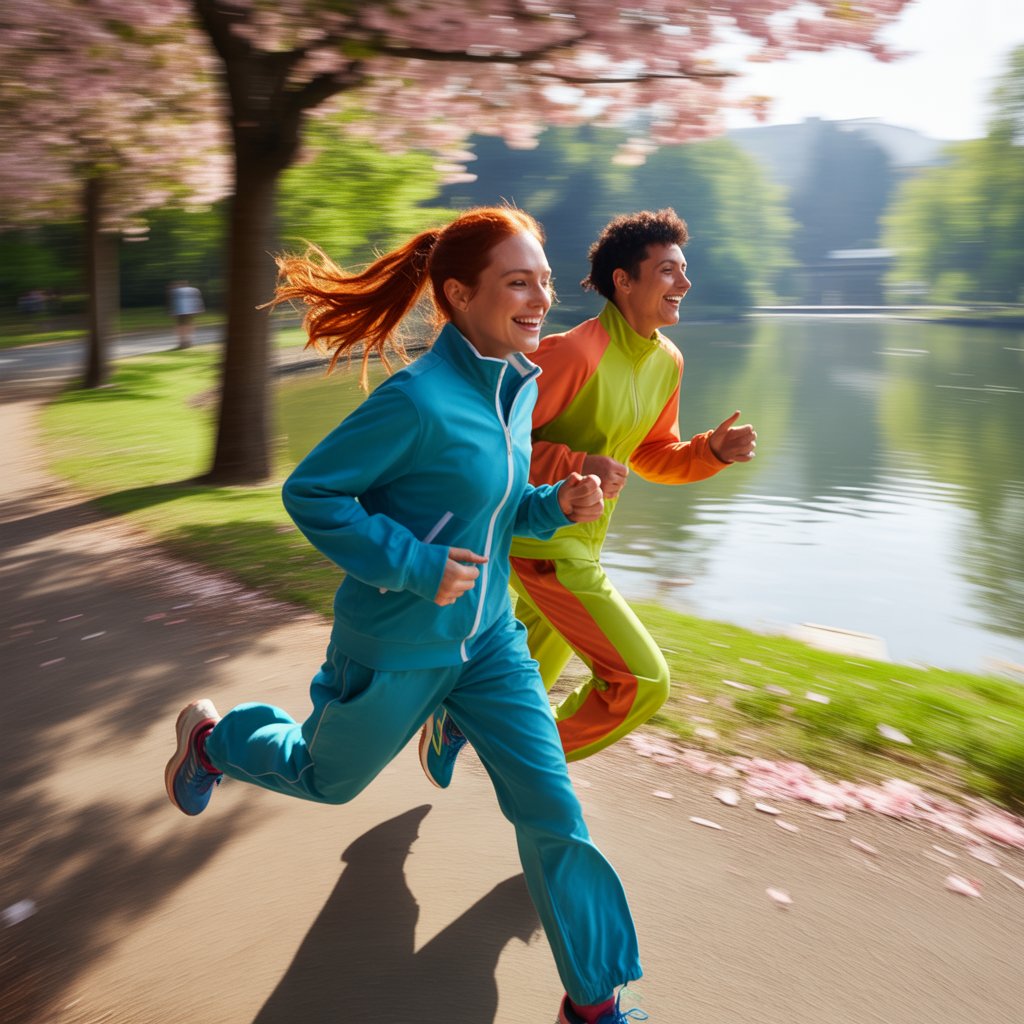 A photograph capturing two joyful friends sprinting along a winding park trail. One friend, with vibrant red hair pulled back in a ponytail, wears a bright turquoise tracksuit, while the other, sporting a neon yellow and orange athletic set, laughs with their head tilted back. Colorful streaks of motion blur emphasize their speed as they run past a tranquil lake, reflecting the sunlight and the surrounding lush green trees. Scattered cherry blossom petals drift gently in the air, creating a whimsical atmosphere and highlighting the playful energy of the scene.