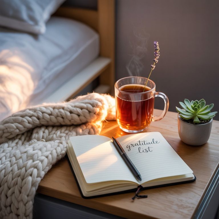 Image shows a bedside table with a journal with the words gratitude on it, a herbal tea and a blanket and a small plant.