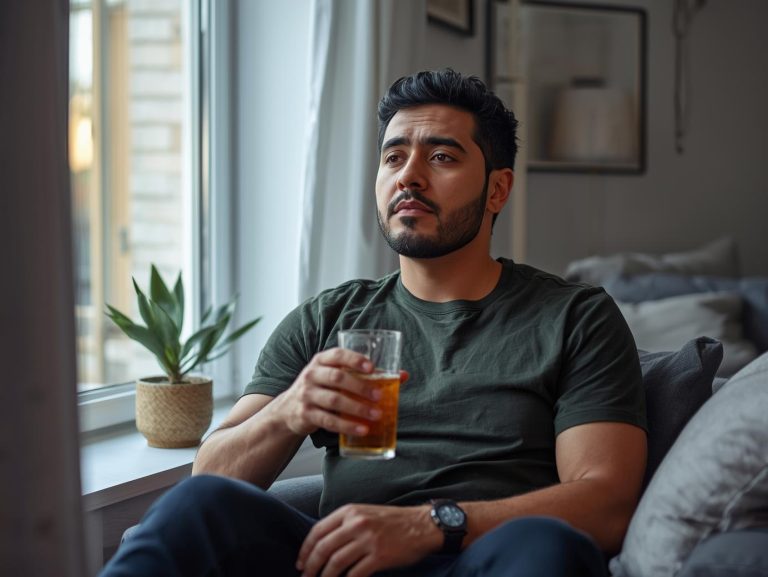 “A calm, modern lifestyle scene showing a person in their 30s or 40s sitting by a window or in a cosy living room, holding a drink but looking thoughtful rather than celebratory. Soft natural light, neutral tones, minimal clutter. The mood is reflective, not dramatic. No party, no chaos—just quiet contemplation. The drink is present but not the focus. атмосhphere of questioning, clarity, and subtle self-awareness.”