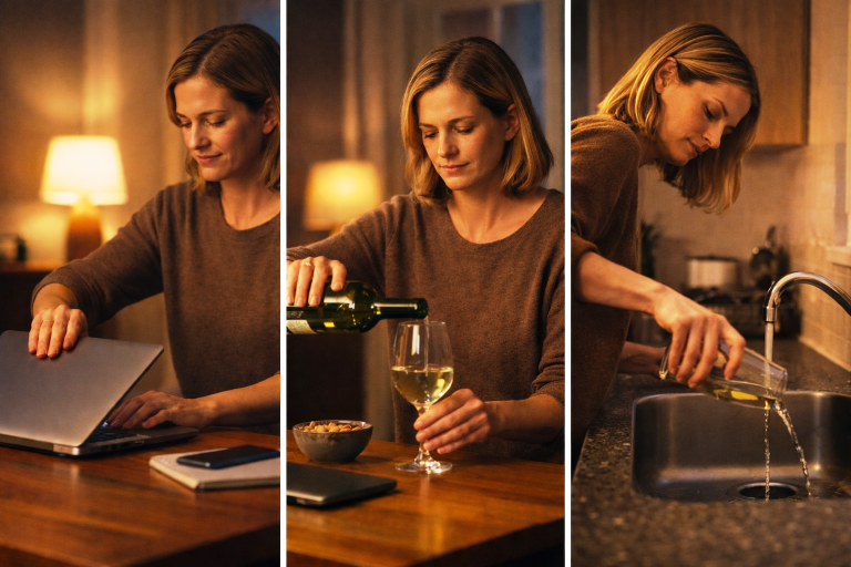 Image shows a woman in the habit loop breaking the habit by pouring her glass of wine down the sink.